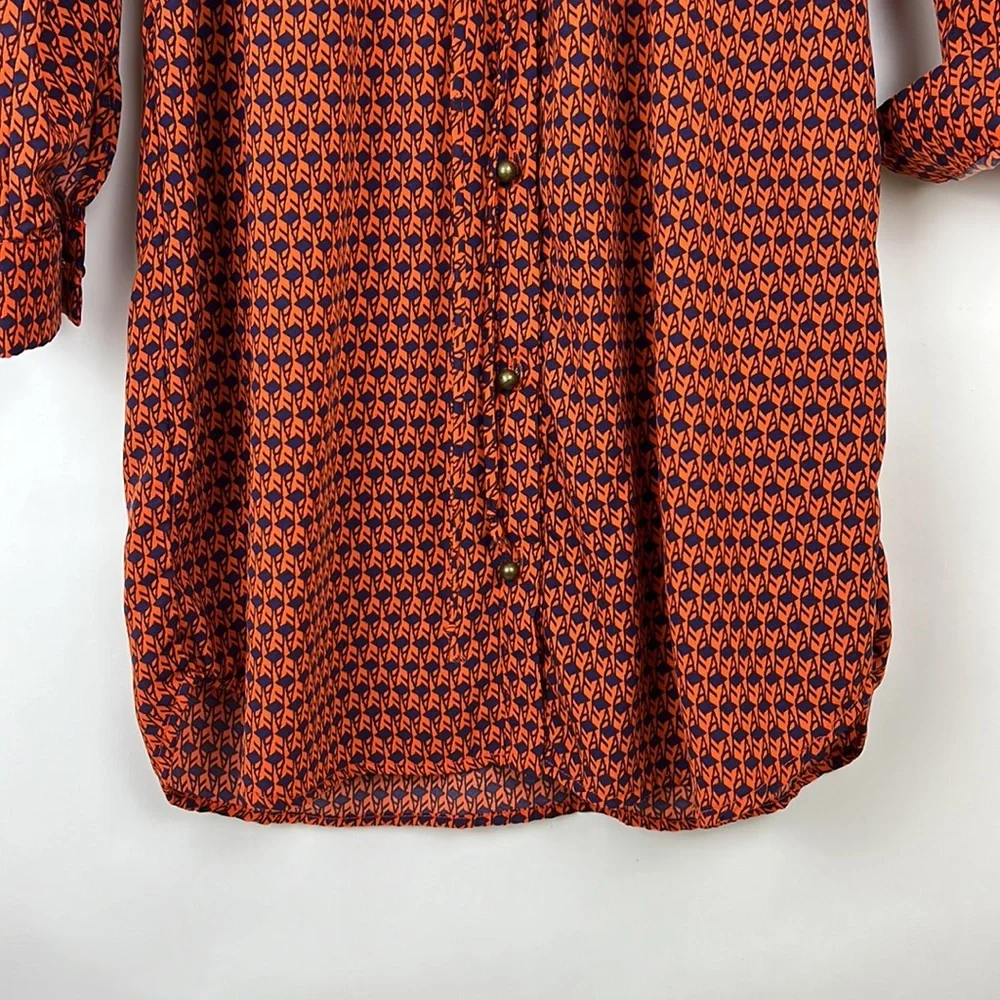 MAISON JULES button down shirt dress roll tab collared orange and navy M - Picture 11 of 13